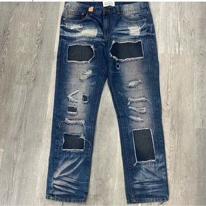 Bleecker & Mercer Unisex Jeans patched and distressed tapered cotton blend 34×30